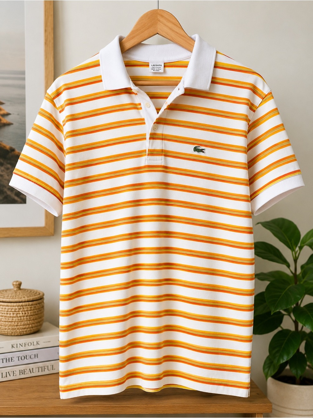 Vintage Lacoste Striped Polo Size 7 XL White Orange Yellow Cotton Made in Peru